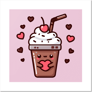 Cute Kawaii Chocolate Milkshake Ice Cream with Hearts | Kawaii Food Art Posters and Art